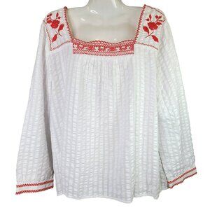 J Crew Top Womens MED White Red Floral Embroidered Seersucker Textured Blouse